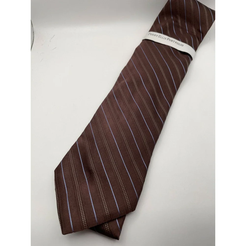 Perry Ellis Portfolio Mens Silk Tie Brown Blue Striped Necktie 458120 NEW